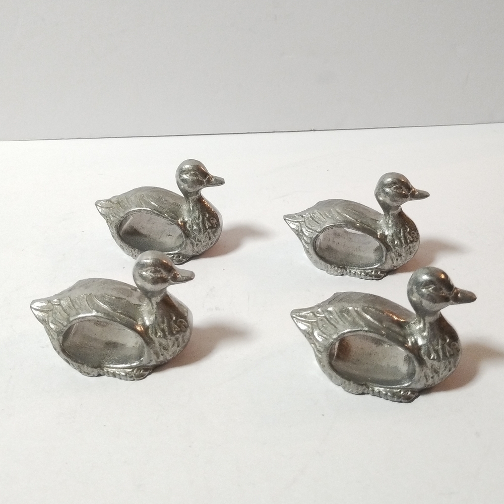 Lot of 4 Duck Pewter Napkin Ring Holders Set Vintage Duck Napkin Rings